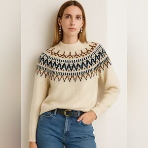 J. Crew Cream Sweater with Blue and Brown Pattern